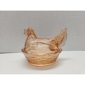 Peach / Pink Hen On Nest 6 Inch Base Split Tail No Stamp LG Wright/Fenton?